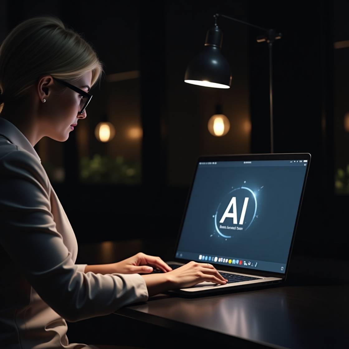 A woman sitting at the desk working on her laptop while using AI tools